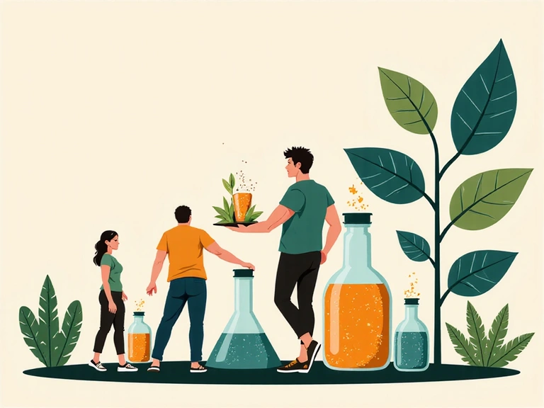 Creative illustration of growth, nature, and pharmaceutical process, no text, no letters, no inscriptions.
