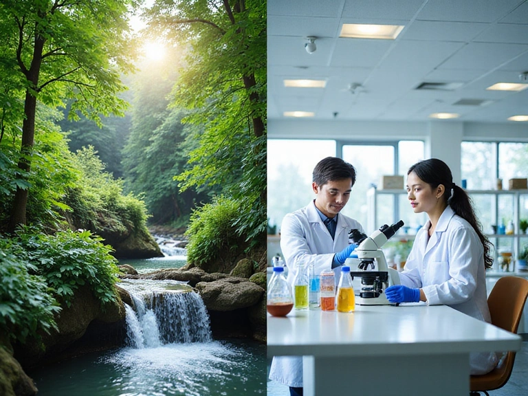 Visuals of lush natural environments and a laboratory setting (stylized, no text) representing quality control.